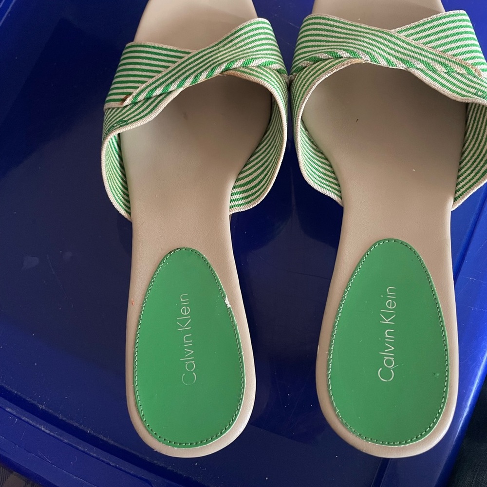 Calvin Klein Green & Tan Wood Platform Mules,size 7 1/2, leather & fabric upper.